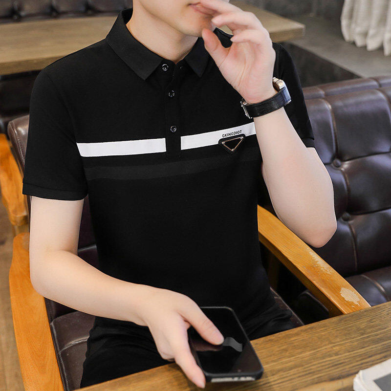 2025夏季新款时尚拼接翻领POLO衫潮流青年男士商务休闲半袖百搭
