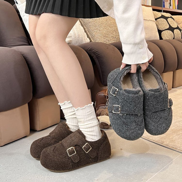 复古内增高毛呢勃肯鞋加绒女冬季新款保暖懒人厚底毛毛棉鞋子