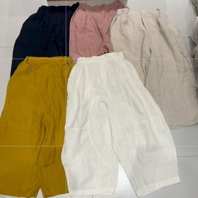 砂洗亚麻一粒扣休闲宽松百搭哈伦裤拼接百搭松紧高腰休闲裤715