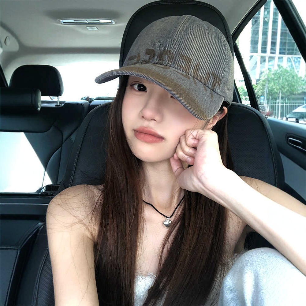 水洗做旧字母棒球帽女美式复古大头围鸭舌帽显脸小宽帽檐软顶帽子