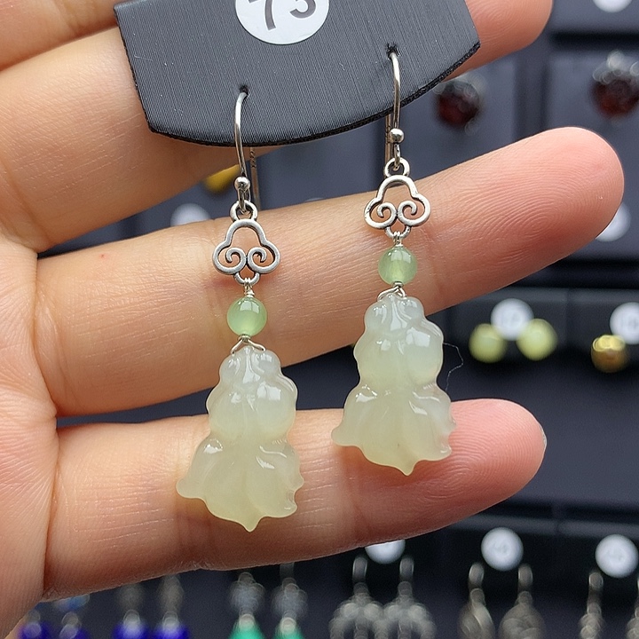 和田玉耳饰银S925镶嵌