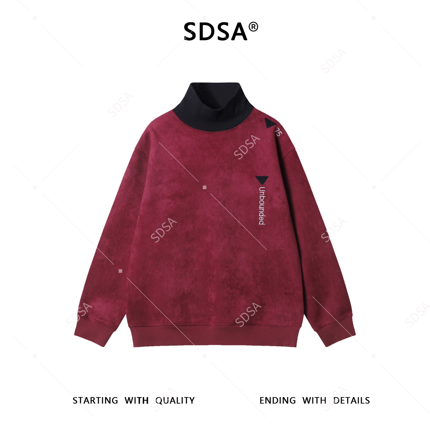 SDSA秋冬新款痞帅男装潮牌植绒撞色拼接刺绣字母倒三角立领卫衣