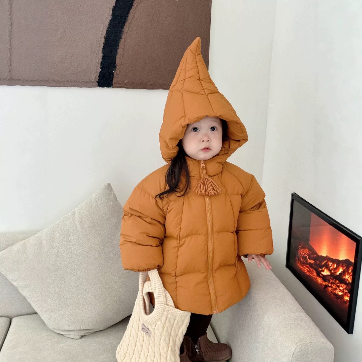 女童韩版南瓜色精灵帽加厚棉服中长外套D12