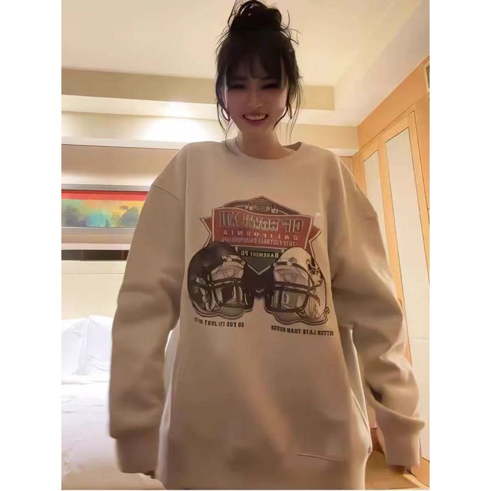 ZMT12306徐璐明星同款简约慵懒风休闲百搭印花高级风加绒套头卫衣