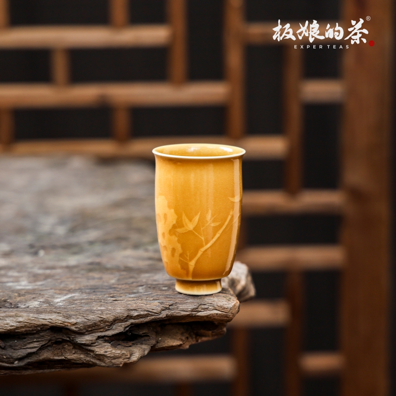 板娘的茶 敬山田黄釉下非本泥堆雕寿山石竹闻香杯 80ml 手工茶杯