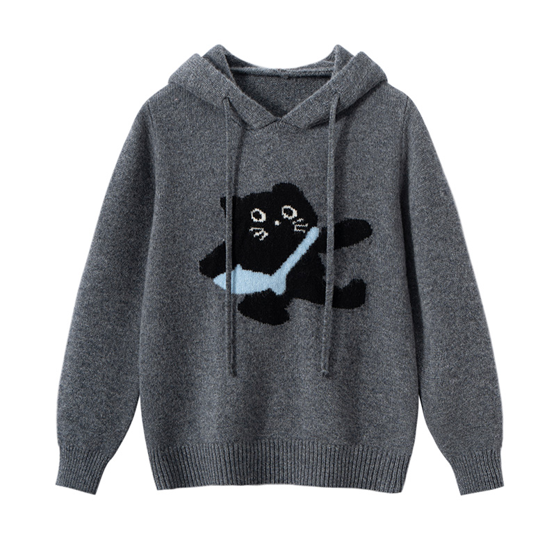 2025年秋冬新款100%纯羊毛衫儿童卡通小猫图案连帽针织衫保暖时尚