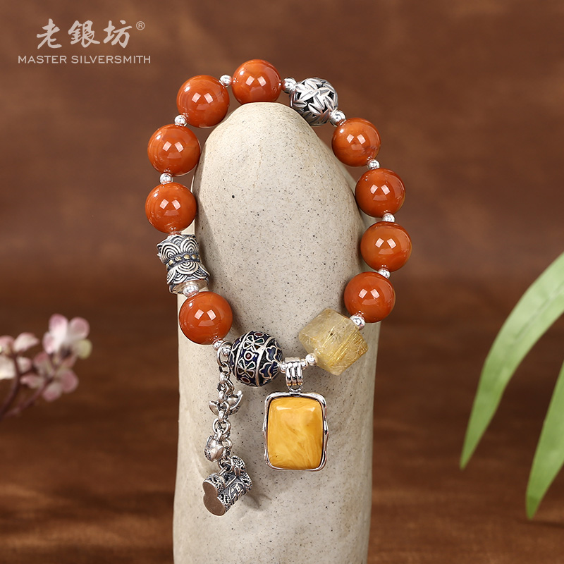 【老银坊】s925银南红发晶蜜蜡多宝手串 00351420