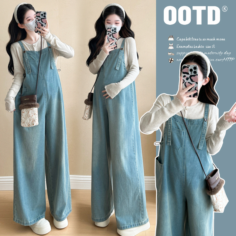 春季孕妇装牛仔背带裤两件套