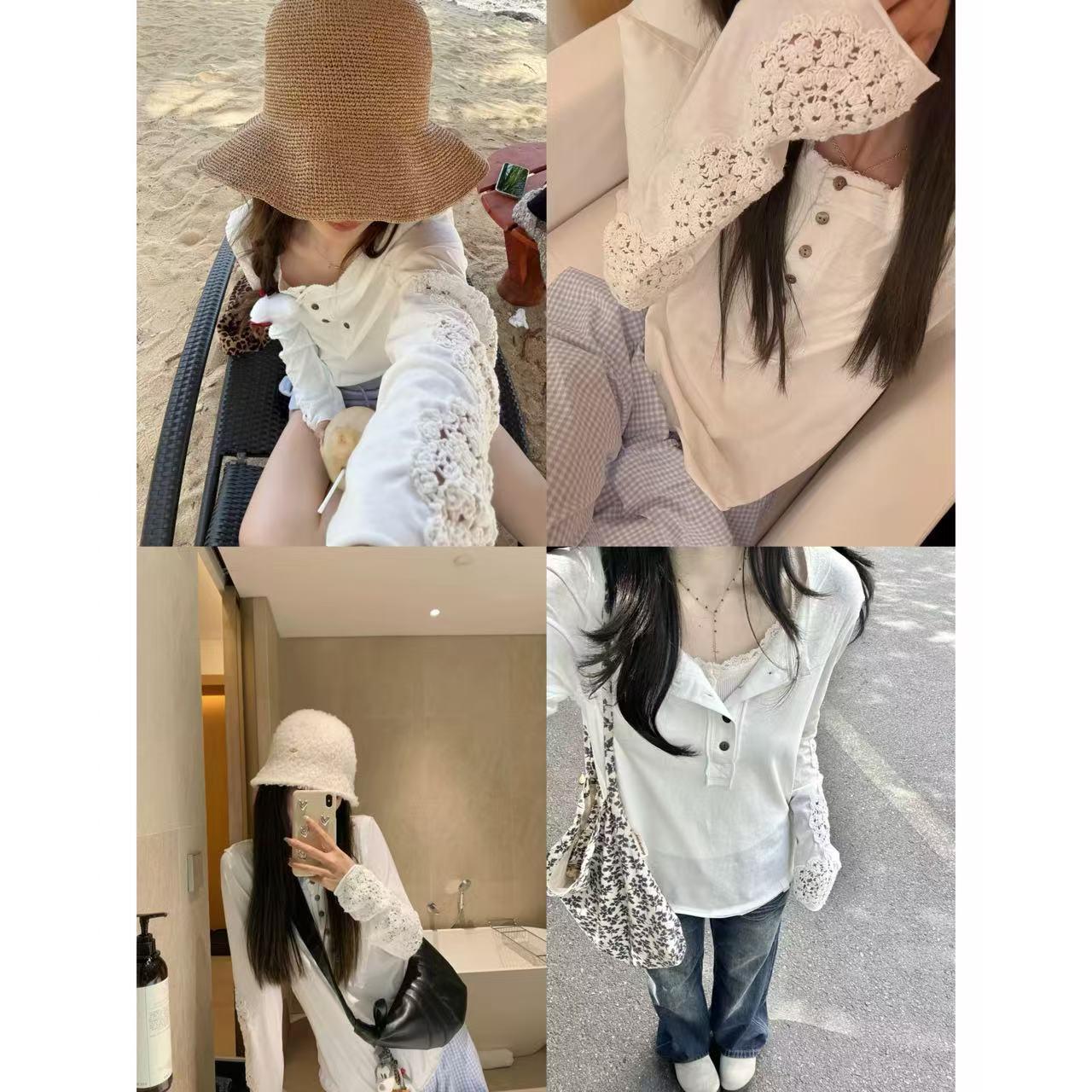 韩系重工镂空钩花长袖打底衫修身型纯色短款设计感T恤圆领ins