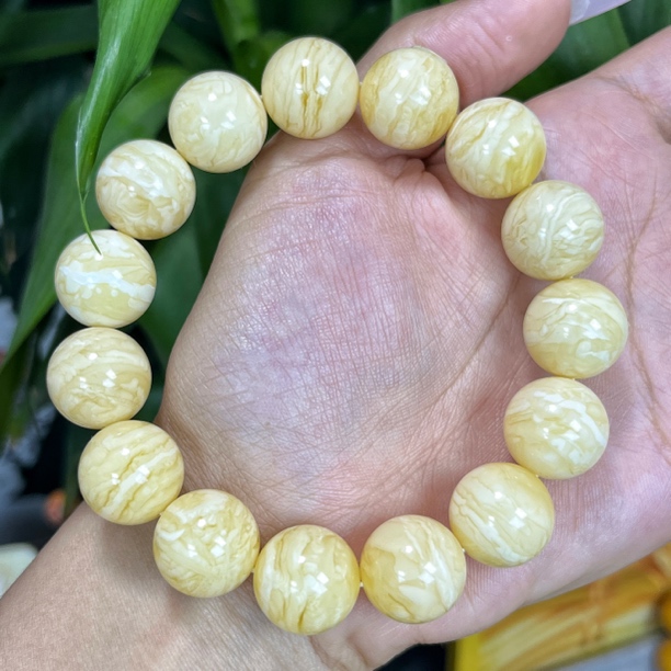 俄料圆珠虎皮纹妖花蜡质浓郁15mm同料手串单圈纯天然原矿琥珀蜜蜡