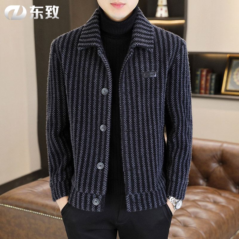 毛呢外套男士休闲短款大衣秋冬季条纹呢子风衣帅气翻领加厚款夹克