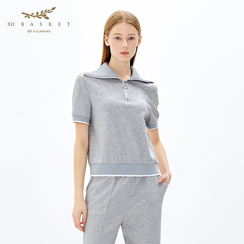 十二篮专选25夏新款半开襟翻领卫衣灰色潮流铆钉上衣女7C65270070