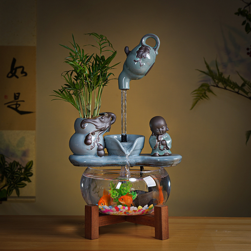 家用爆款客厅桌面摆件 循环水造景鱼缸悬壶流水陶瓷摆件