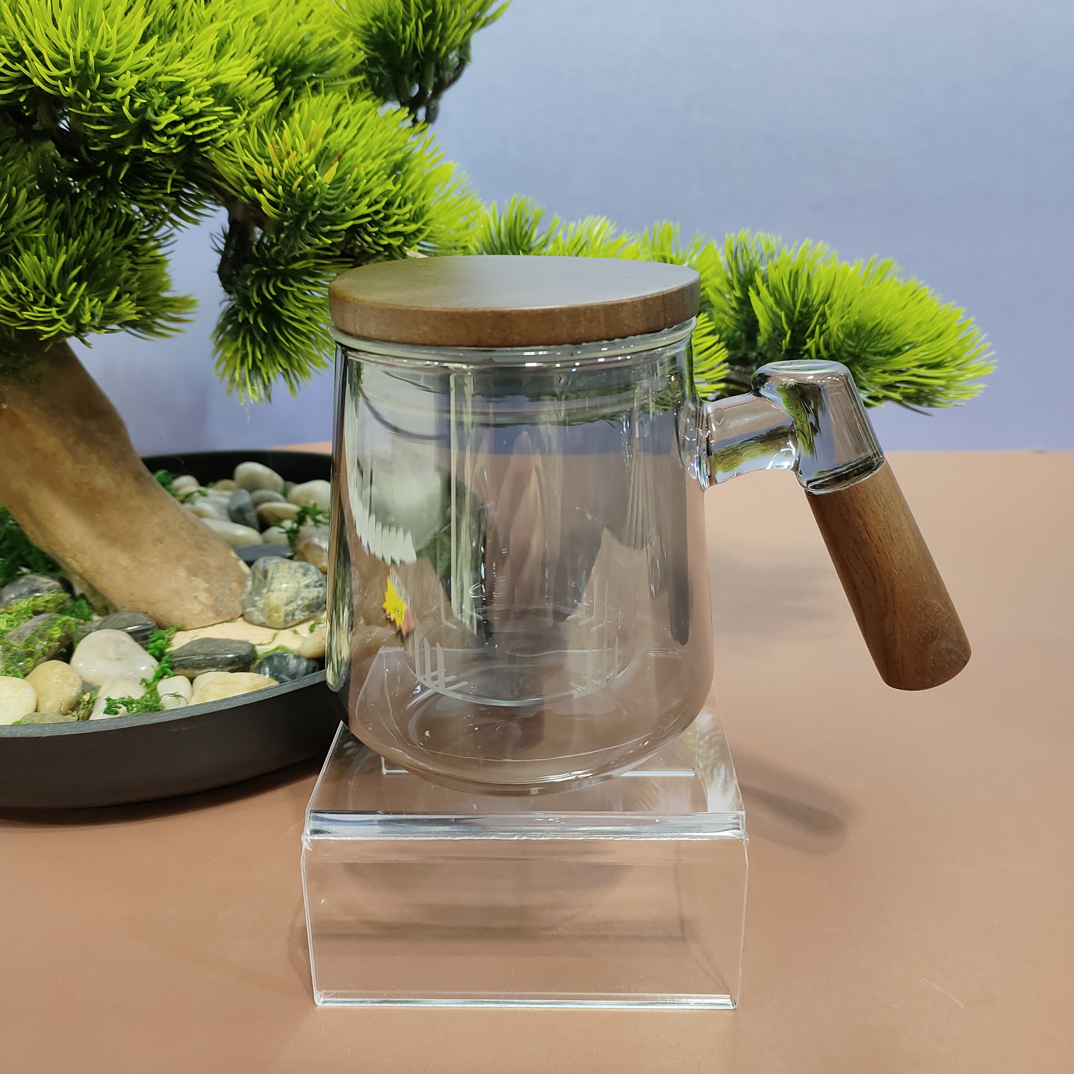 胡桃木泡茶杯茶水分离玻璃水杯带手把个人专用办公室茶具