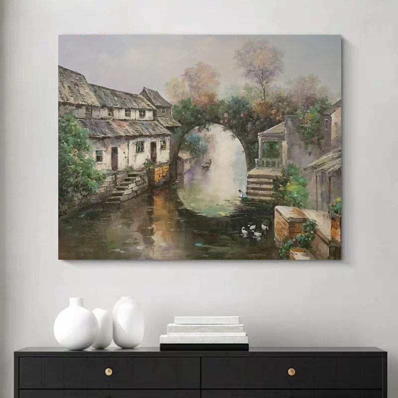 《溪桥人家》50*60含内框，刘春建手绘油画装饰画，客厅背景墙挂画