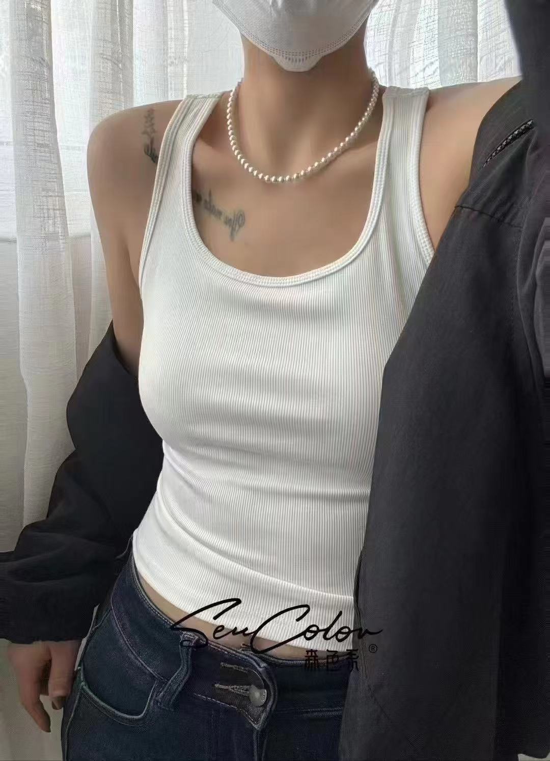 新款时尚显瘦遮肉遮盖副乳美背螺纹上衣背心打底内搭带胸垫2166