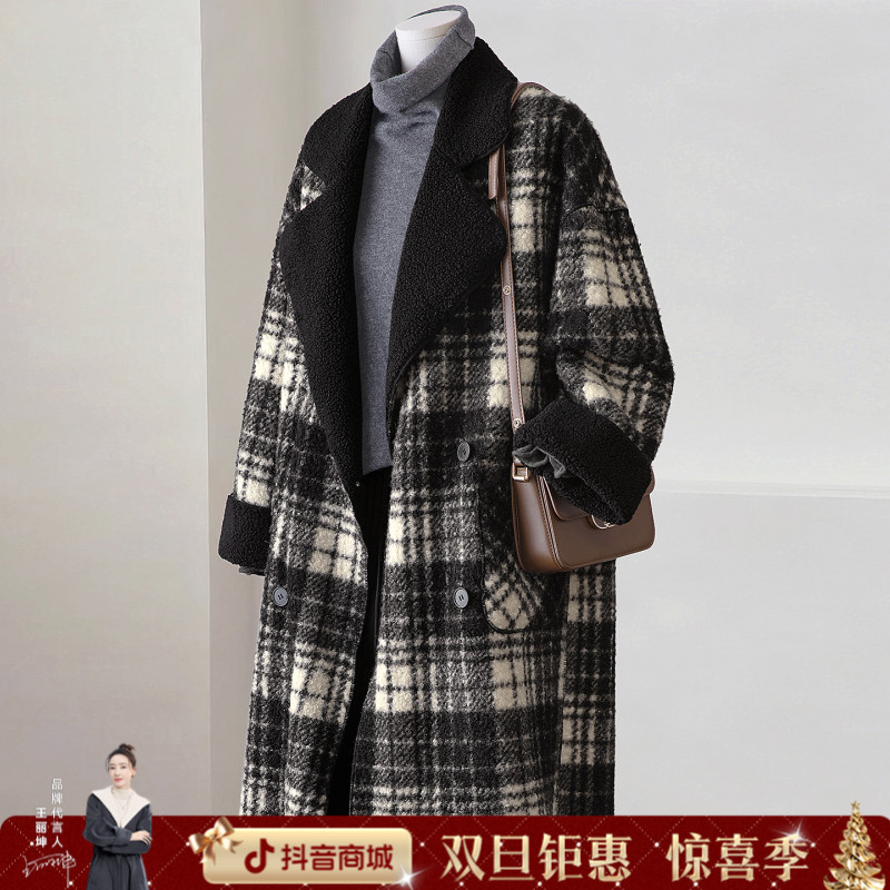 丝柏舍2025冬装新款女装设计感撞色格纹宽松款翻领大衣S54R6506D