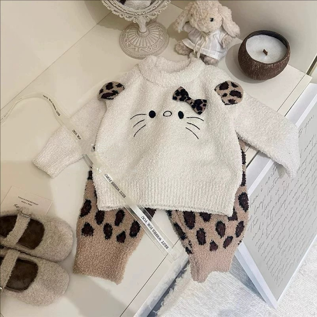 女童秋冬季豹纹半边绒家居服套装女宝宝冬款睡衣睡裤儿童装冬装潮