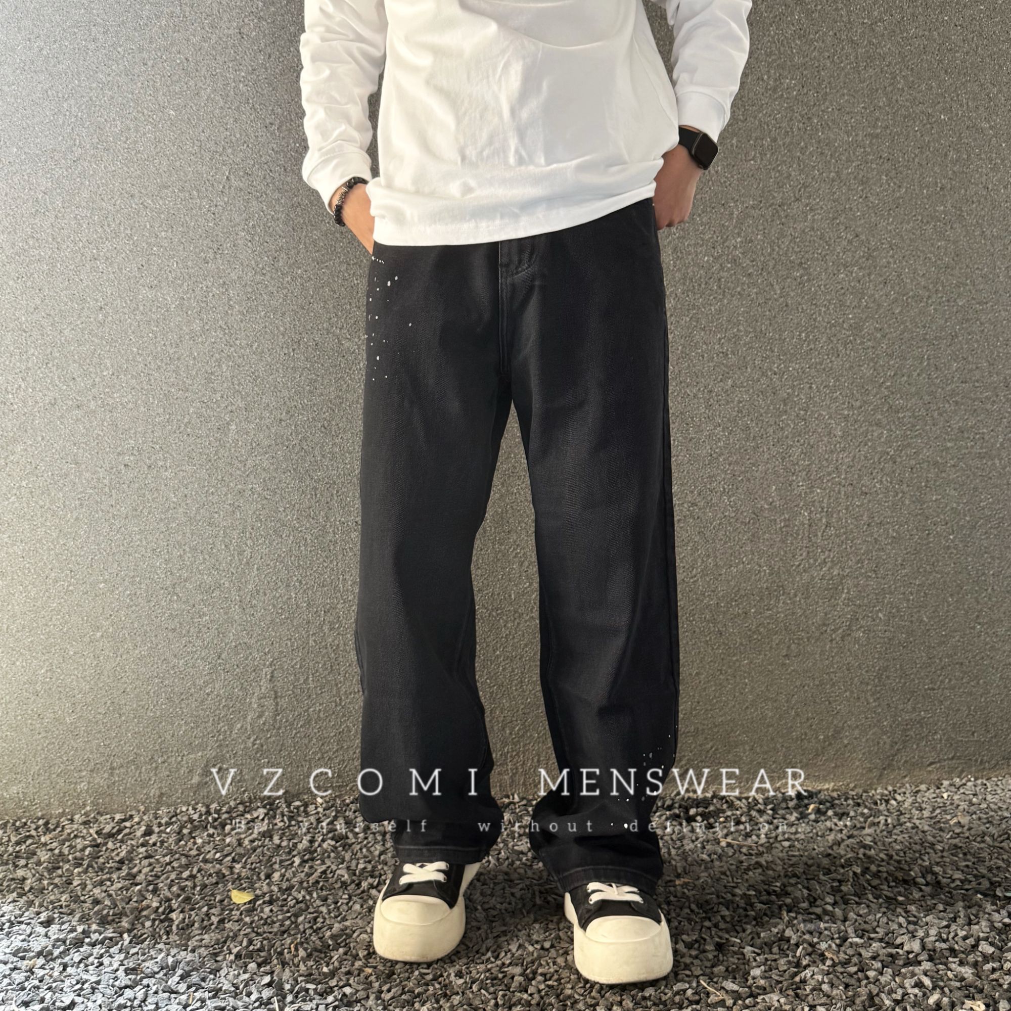 美式巴黎风INS风长裤百搭泼墨牛仔裤日系潮流宽松直筒百搭牛仔裤