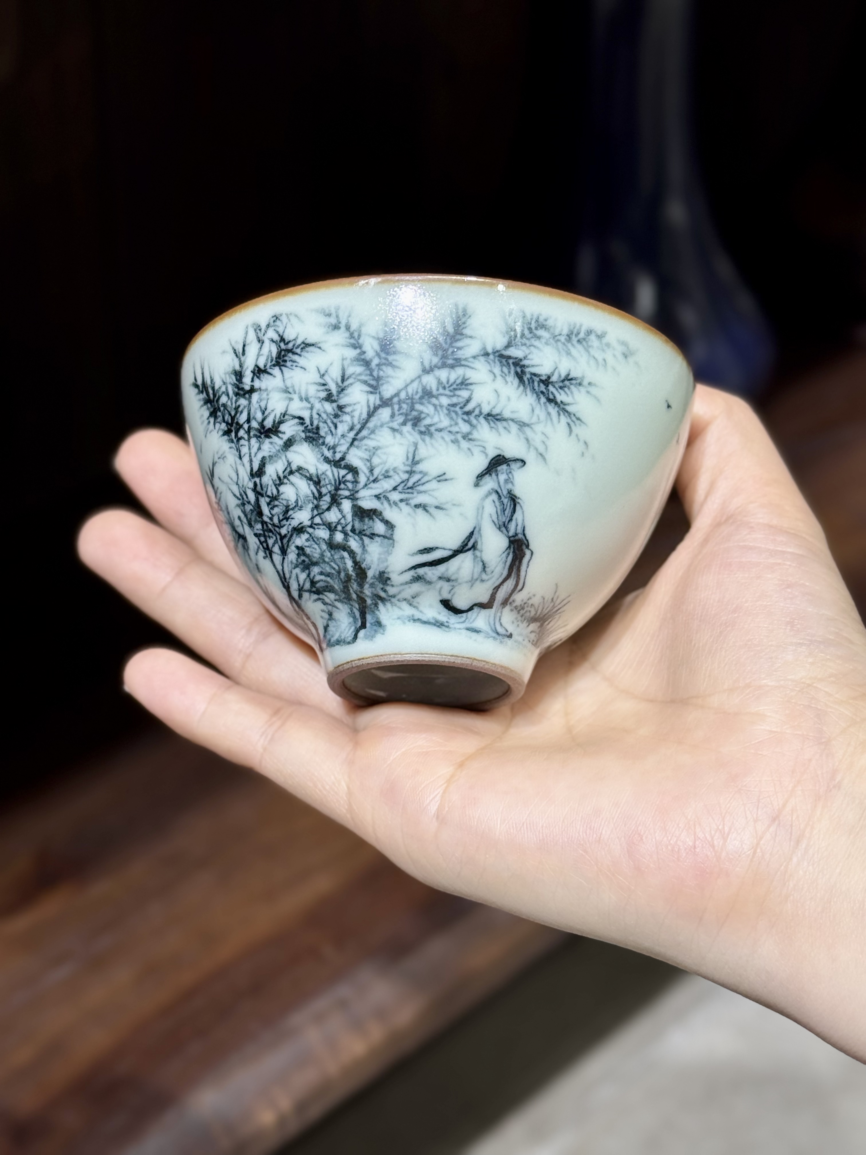 拾芳汝窑青花鸡心单杯宋氏文人雅士山水图白瓷主人杯茶杯茶具陶瓷