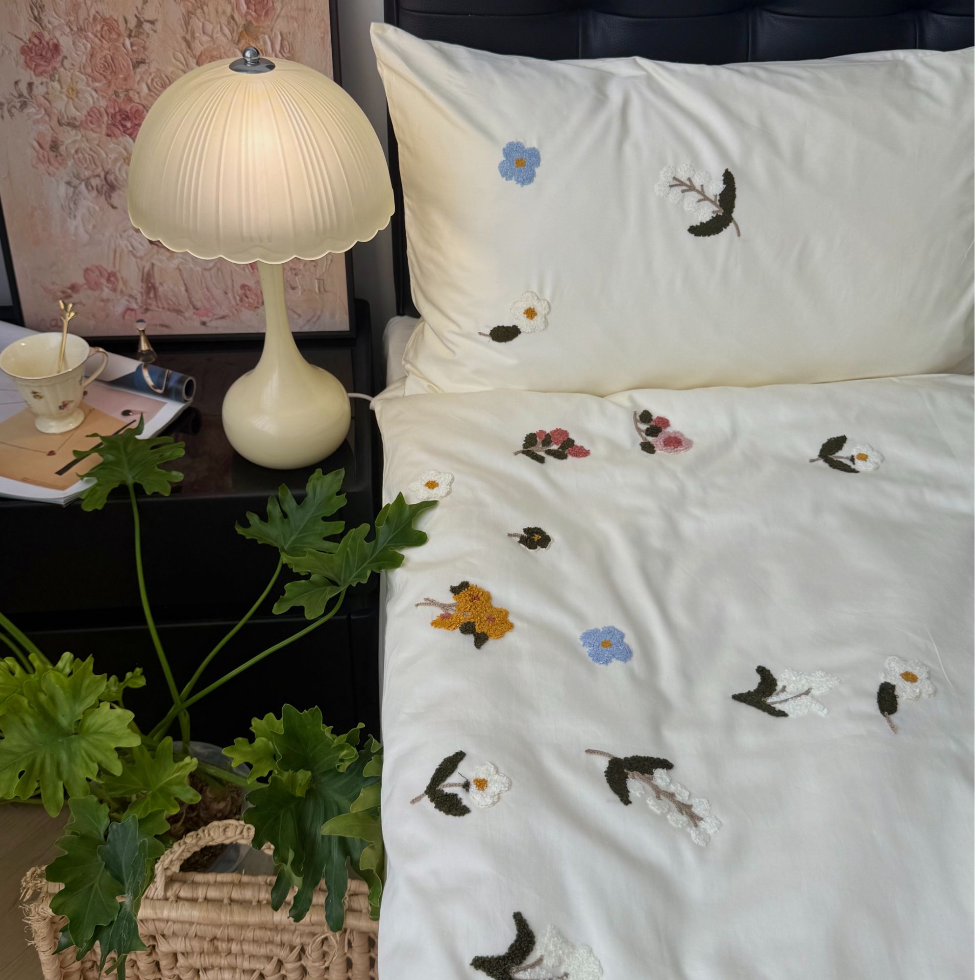 【米儿】花愈*烟兰 全棉贴布绣四件套纯色简约慵懒风床品套件