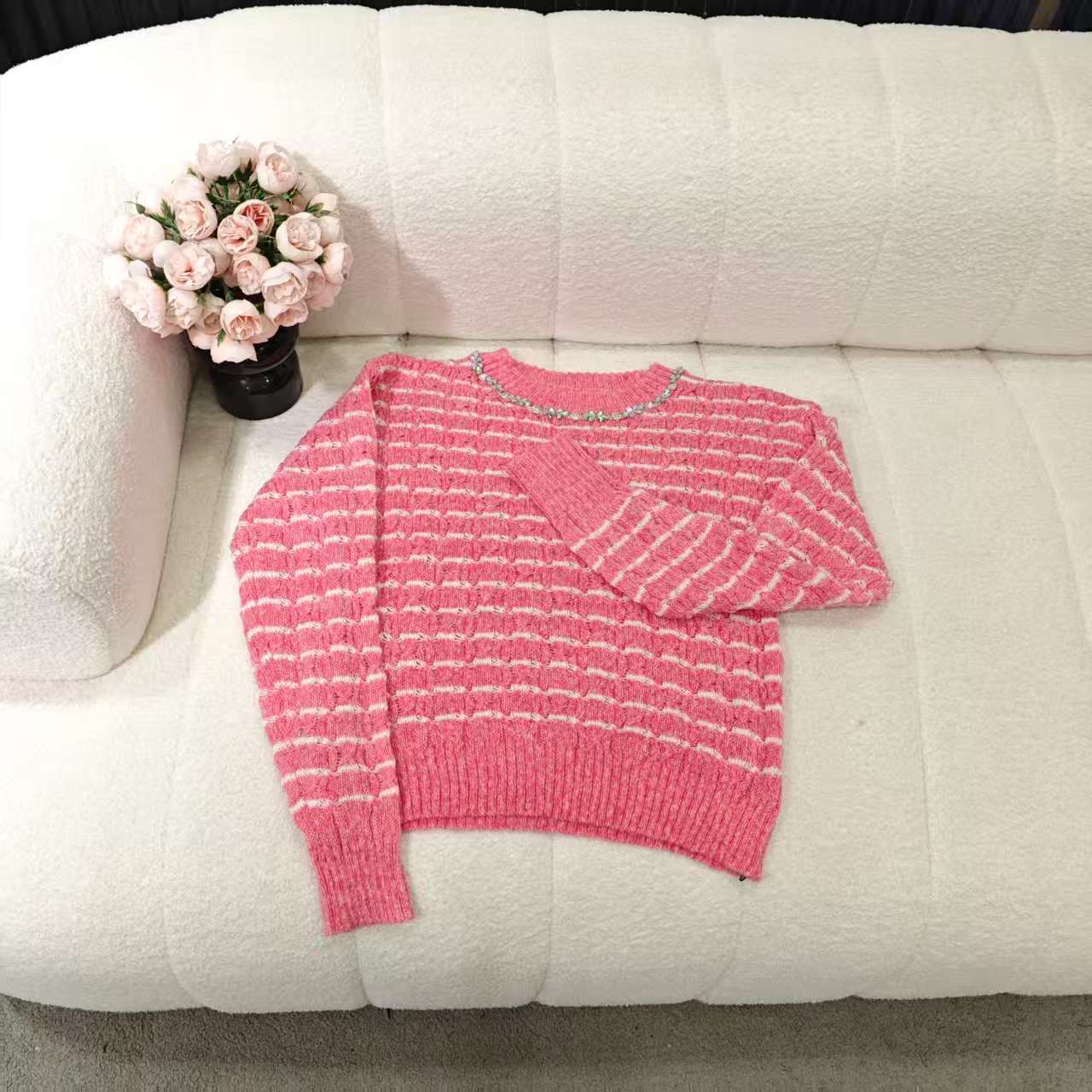 （非市场版）5943钉钻圆领针织衫时尚百搭公主风长袖薄款毛衣