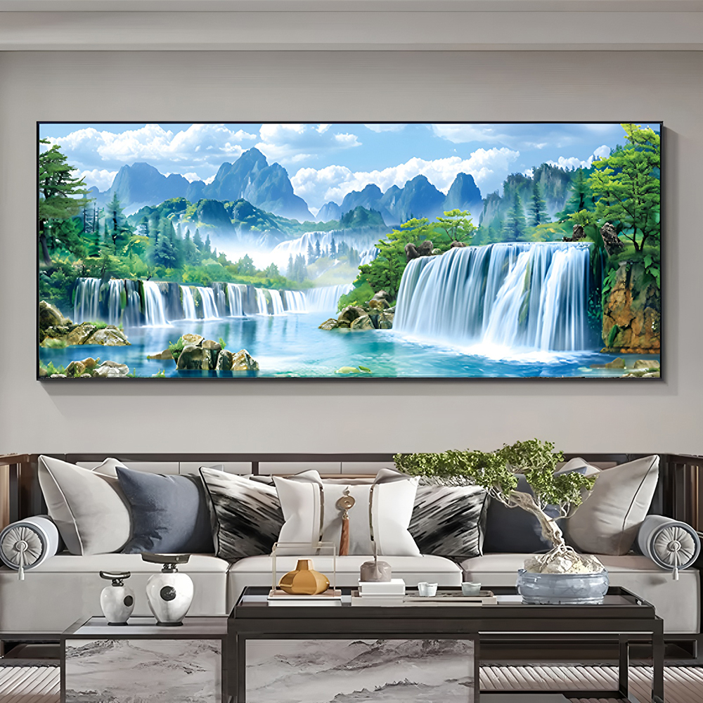 高山流水挂画现代简约客厅沙发背景墙装饰画高级感瀑布风景晶瓷画