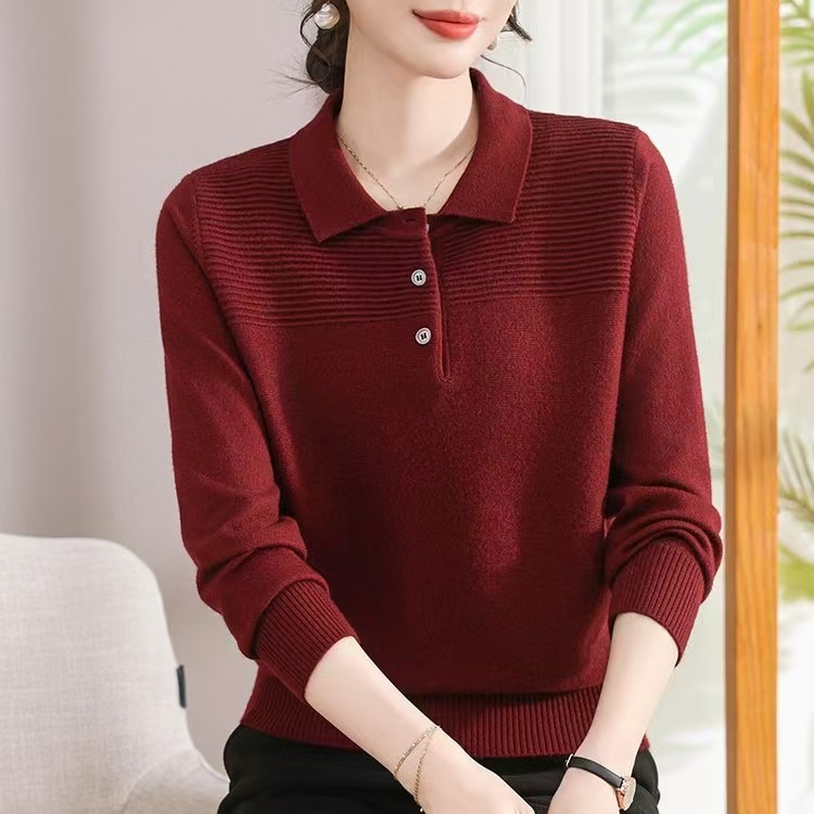 春秋装2025年 新款长袖上衣女翻领洋气宽松遮肚针织打底衫9080
