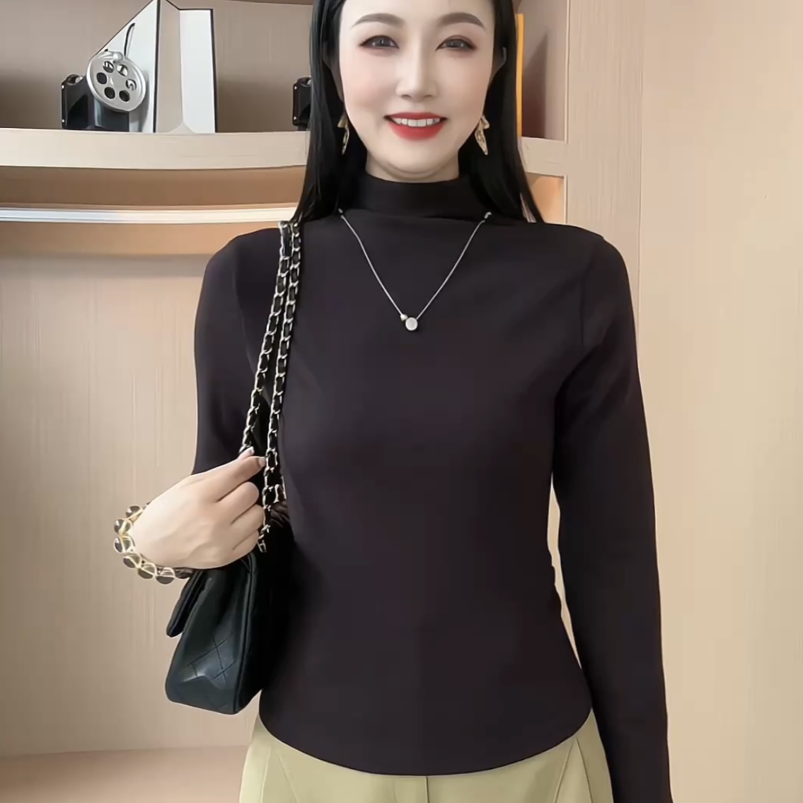 弹力柔软短袖T恤～秋季新款舒适修身显瘦女半高领上衣