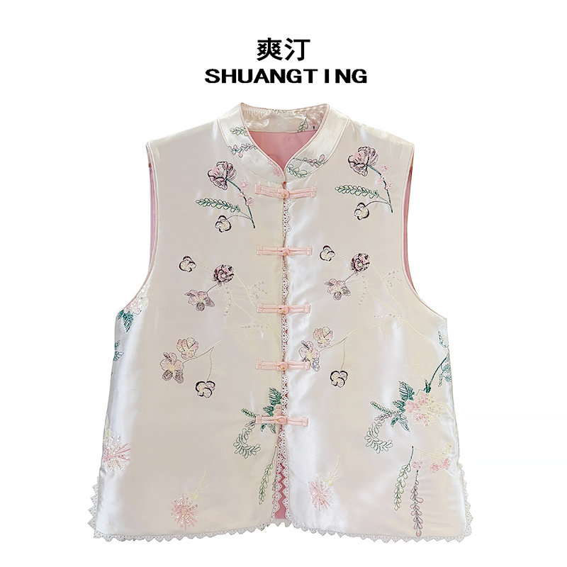 Jokara/丘可儿【悠雨】国风盘扣织锦马甲国风新中式绣花马夹上衣春