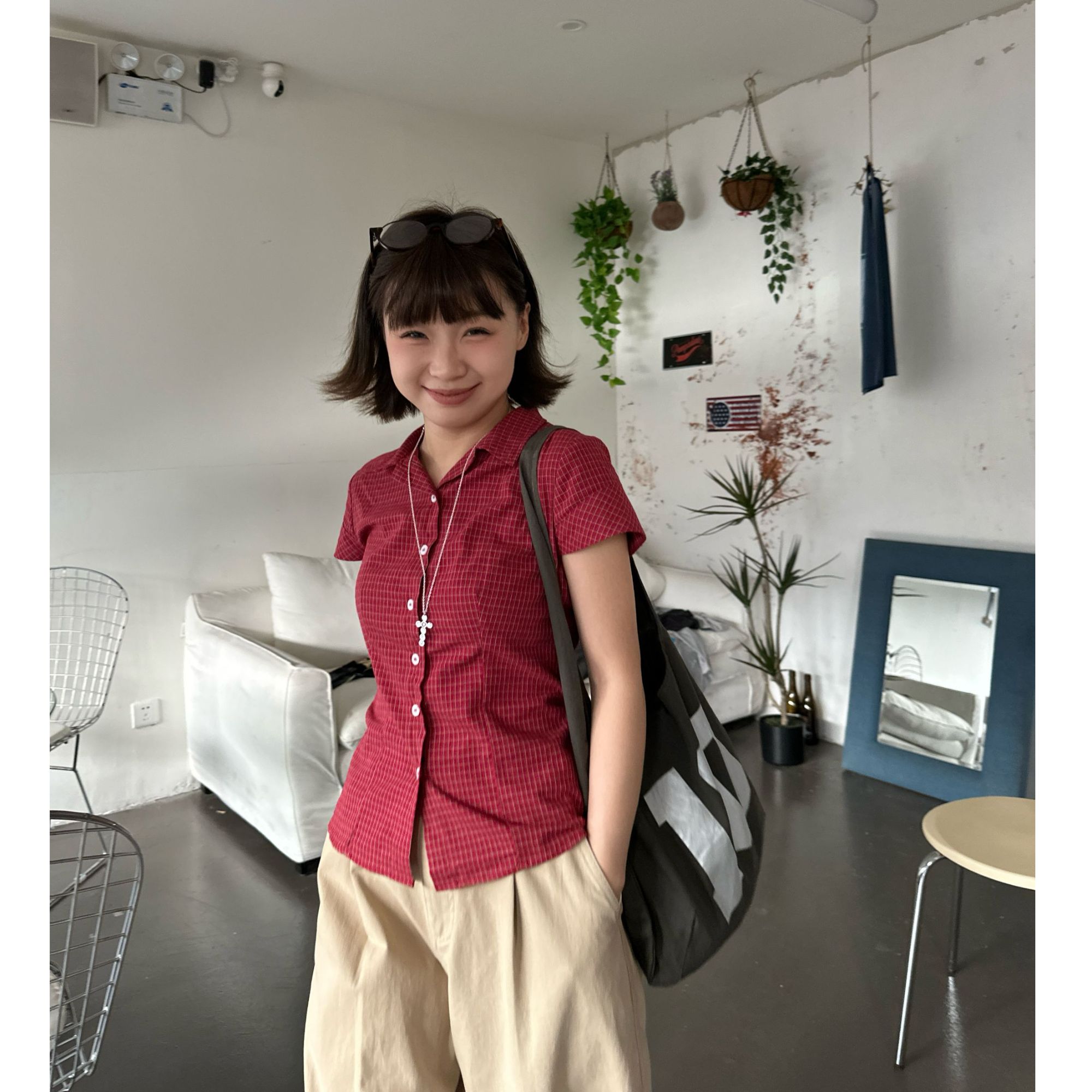 【NO退NO换】Our2【小红格子衬衫】修身显瘦小众气质短袖衬衫【X5497】