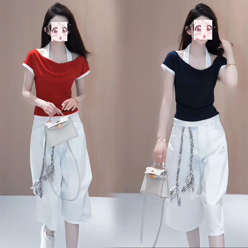 夏季新款设计感优雅露肩挂脖时尚收腰短袖T恤上衣显瘦短裤两件套