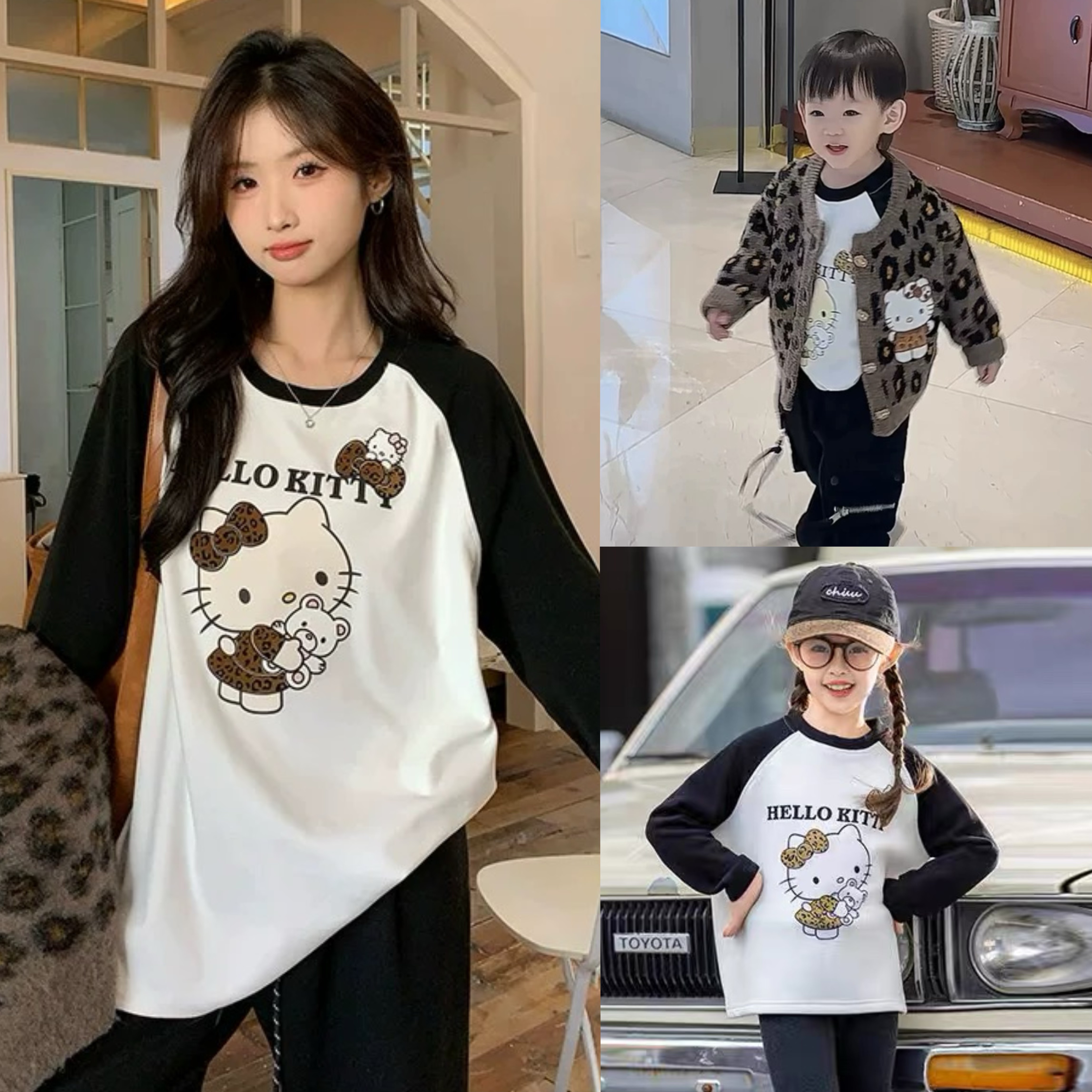 炸街亲子装2025秋冬一家三口小月龄kt猫卡通撞色长袖纯棉打底T恤