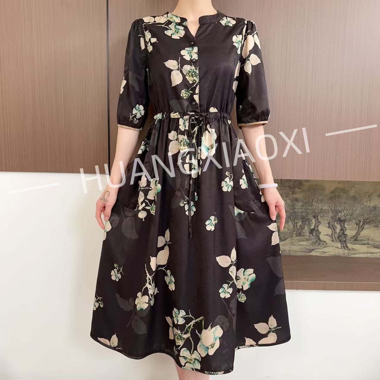 HUANGXIAOXI 黄色荷叶黑底小海棠单层双面双穿中袖连衣裙ZF-738