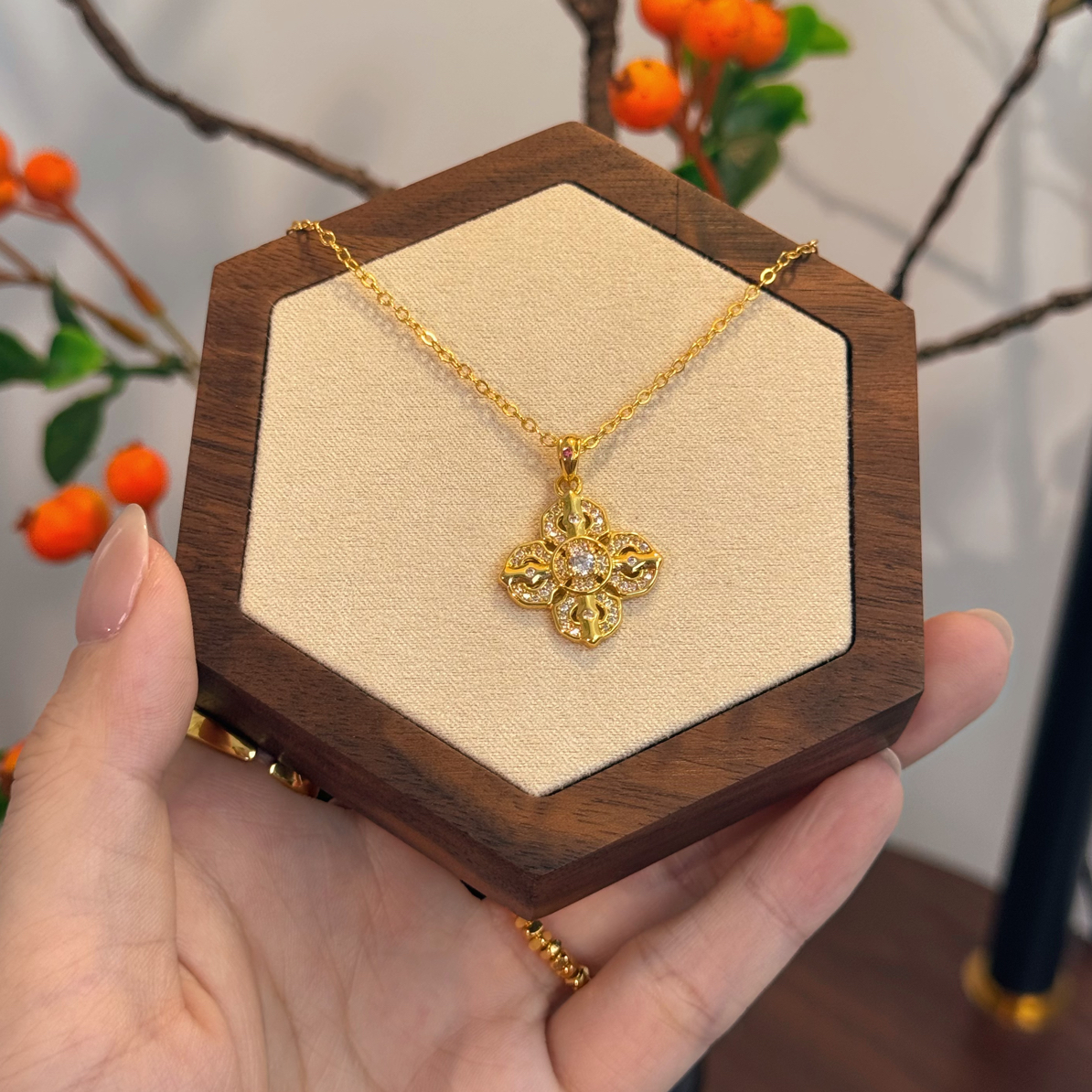 铜合金合成锆石项链 「金刚杵」镀k金 满钻镶嵌古法项链 中号