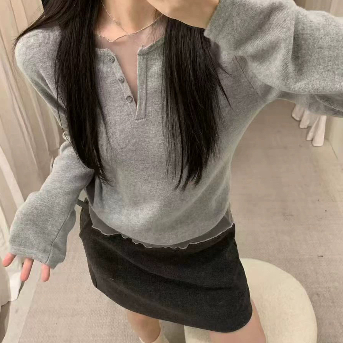 2025韩系网纱拼接假两件T恤女修身纯色长袖打底衫慵懒显瘦上衣