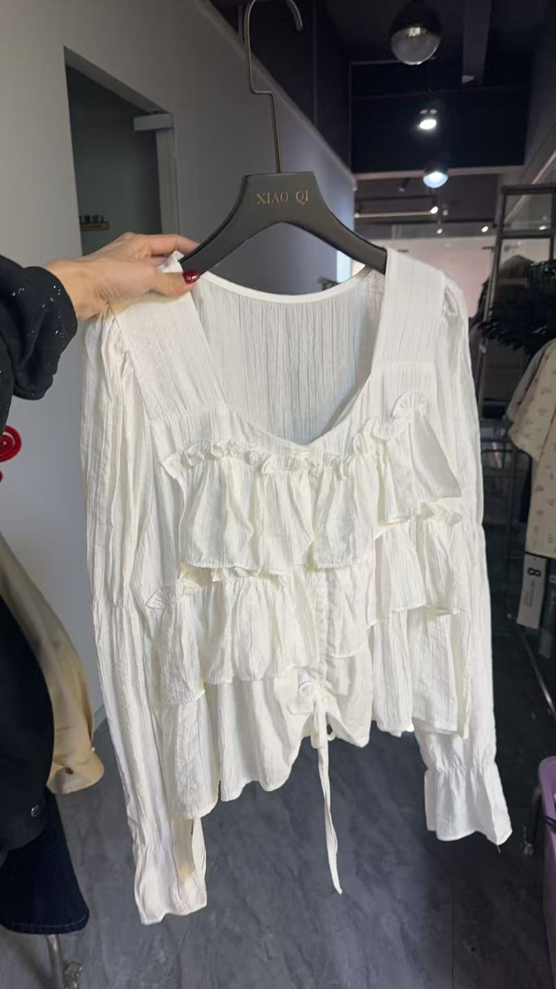 荷叶边长袖雪纺衬衫女韩版系带百搭显瘦短款上衣