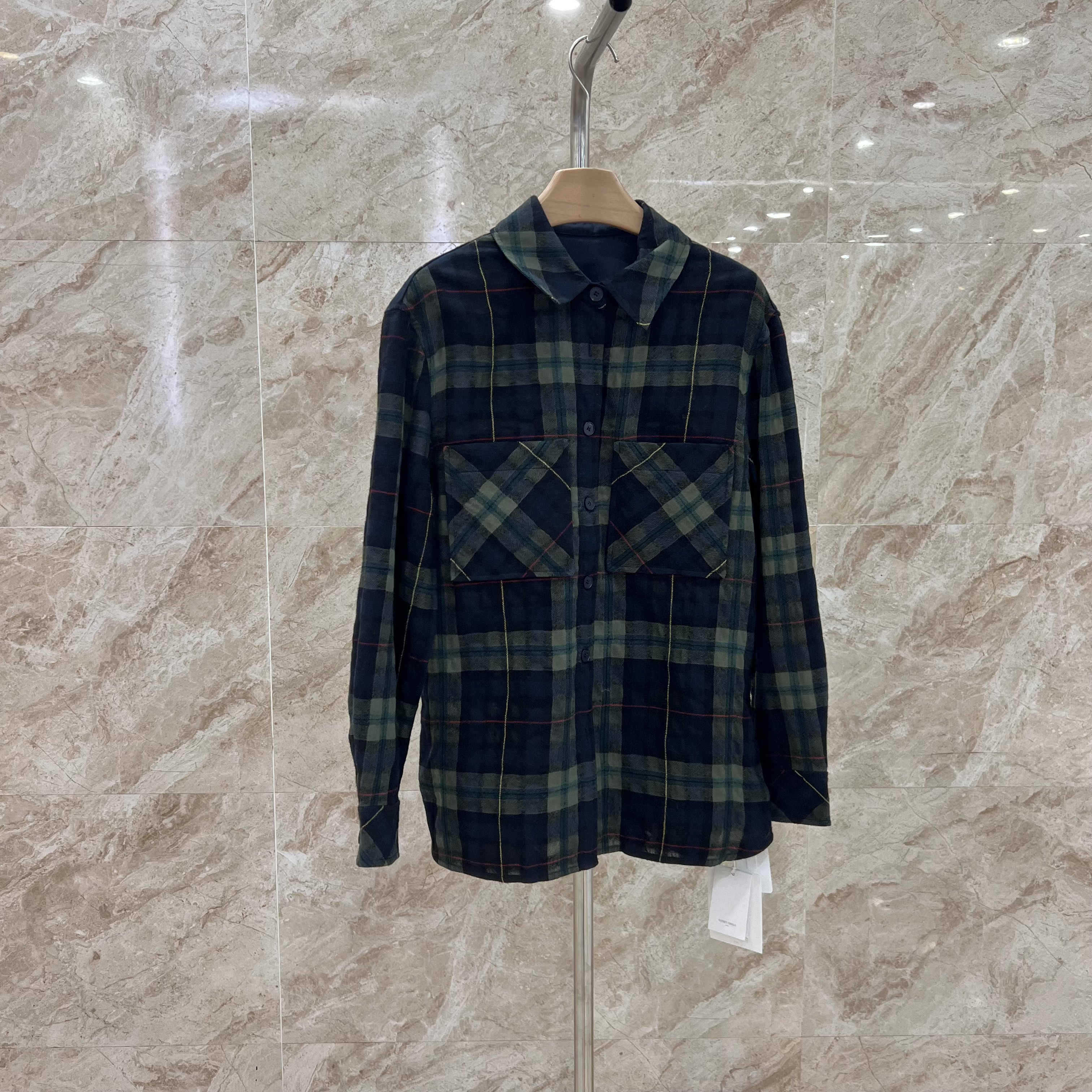 【简白】POLO领绿色长袖潮流老钱风格纹衬衫CC1D2360