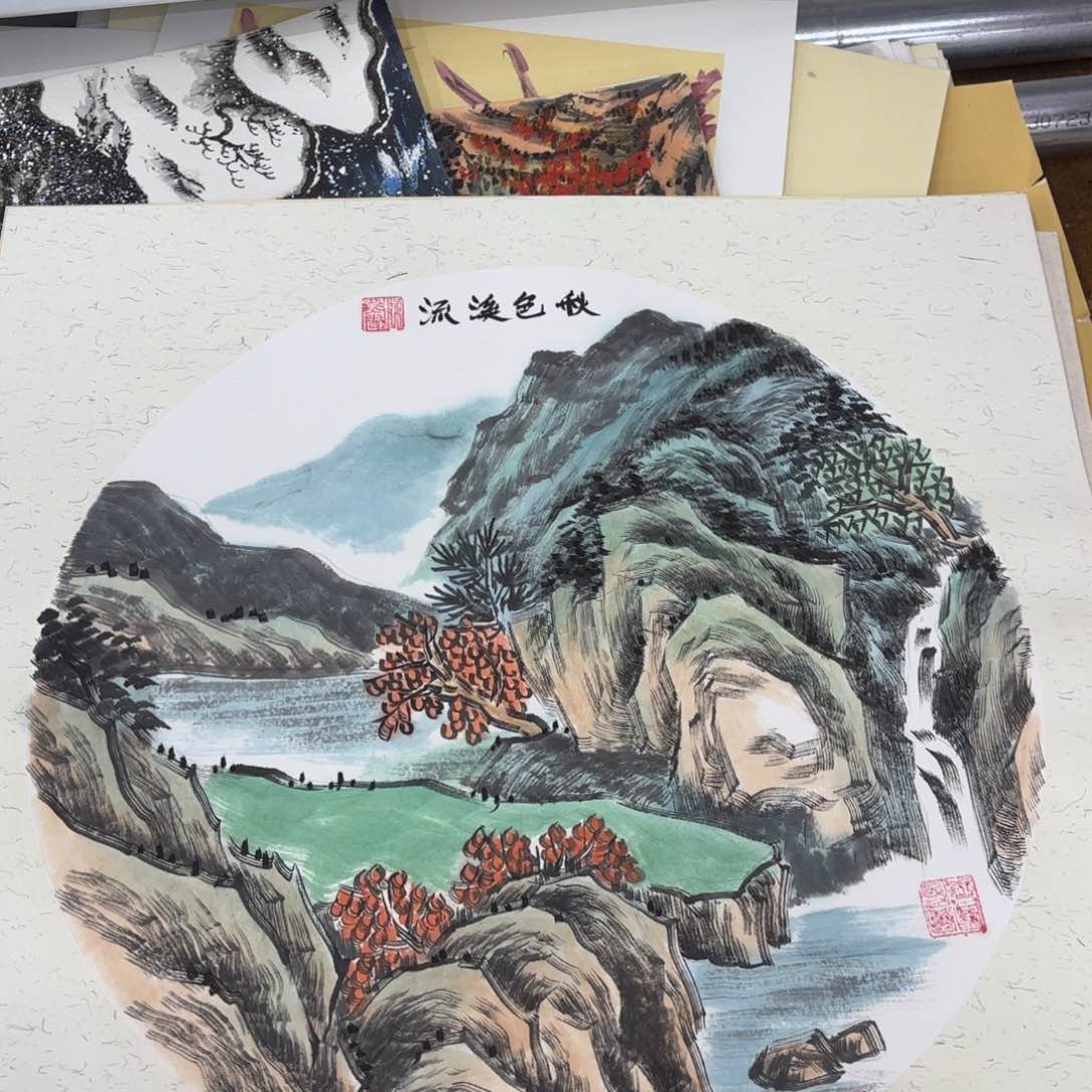 国画粱燕雪斗方山水赵