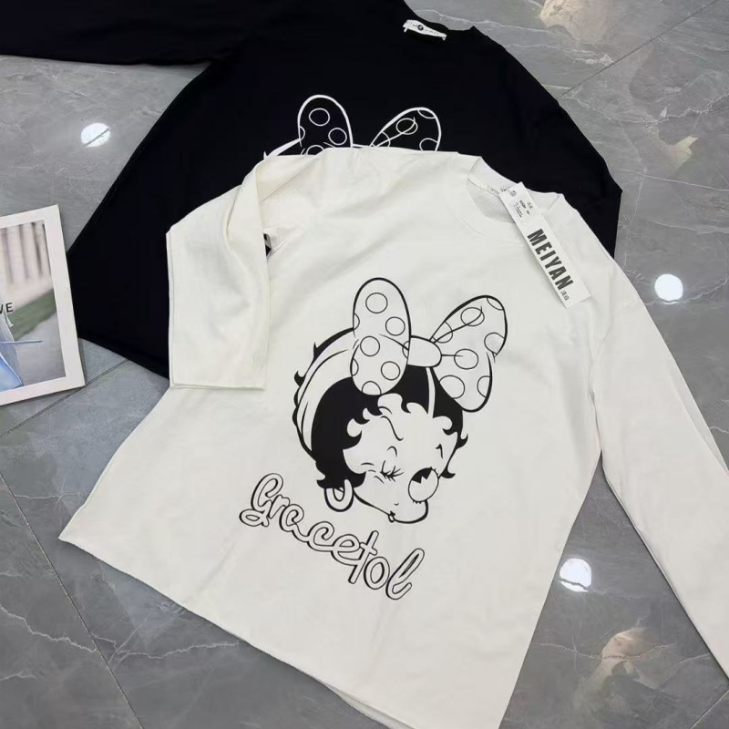 贝蒂女孩上衣5568长袖白色时尚休闲圆领卡通百搭打底饕餮大码女装