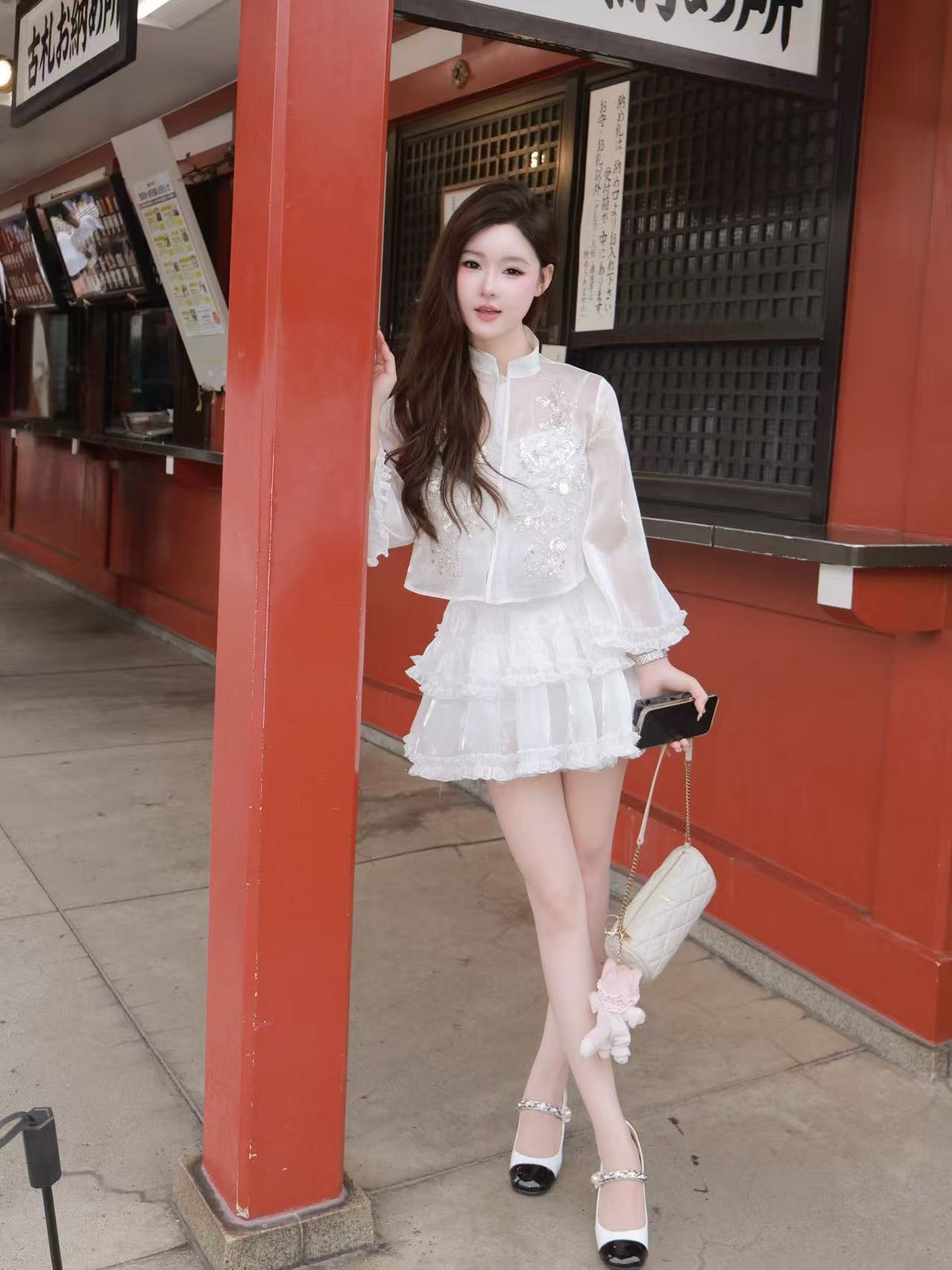 乖乖Sweety 【仙羽流光】新中式立体钉珠绣花上衣＋蛋糕裙三件套