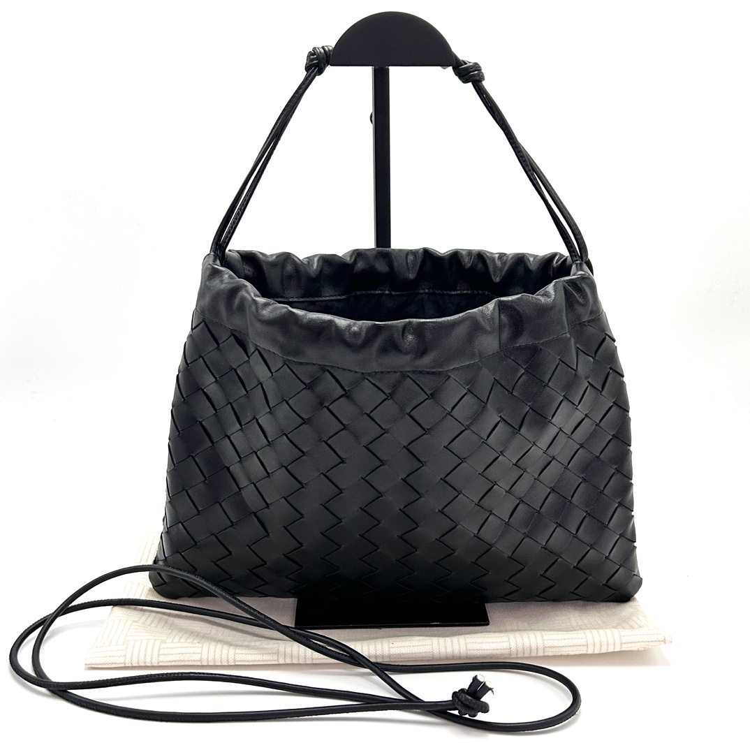 99新 BOTTEGA VENETA/葆蝶家 黑色编织抽带开合手拿单肩包 07122