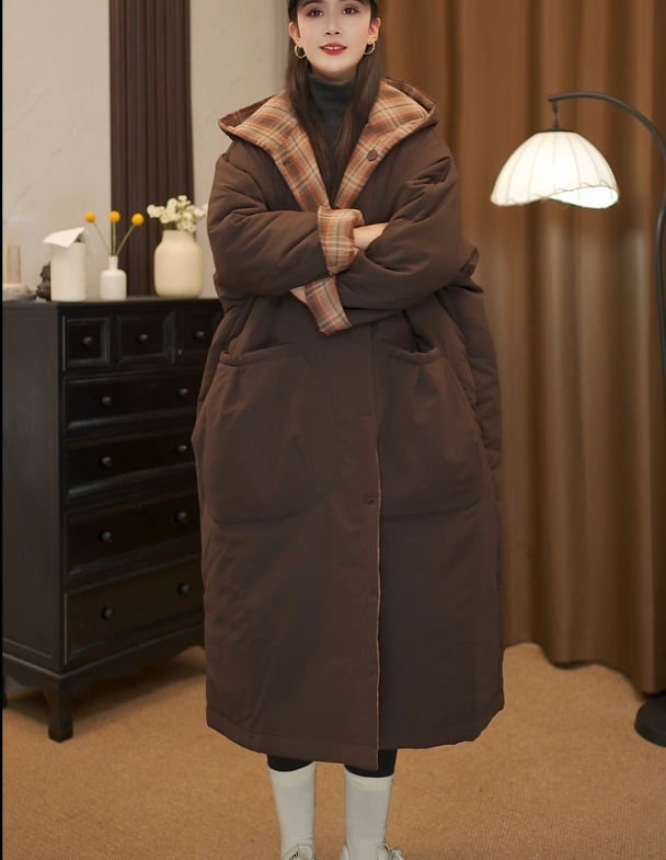 9298韩版宽松连帽长款双面穿格子棉服