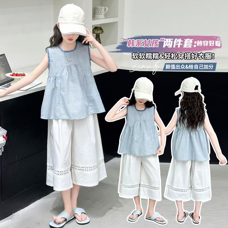 童装夏季娃娃衫上衣套装女童2025夏泡泡格七分裤套装洋气儿童衣服