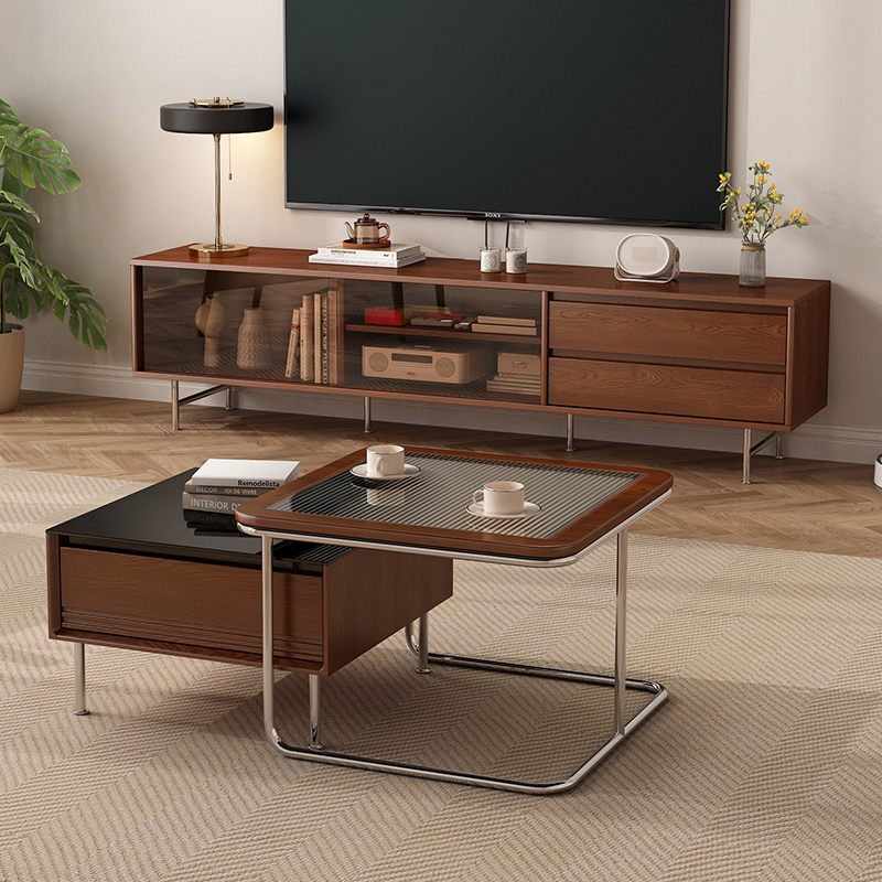 实木电视柜小户型中古风复古茶几组合柜客厅家用落地储物柜一体