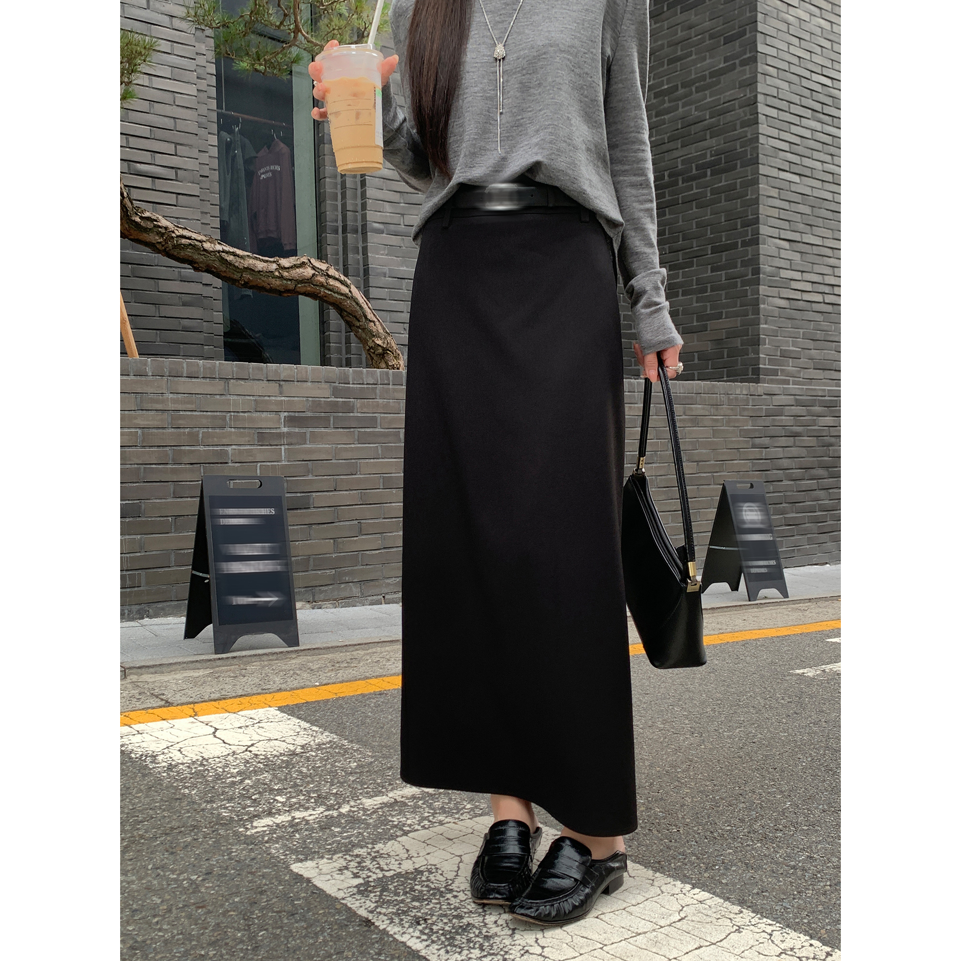 夏诗文 宽松微A字开叉设计西装半身裙女通勤气质长裙