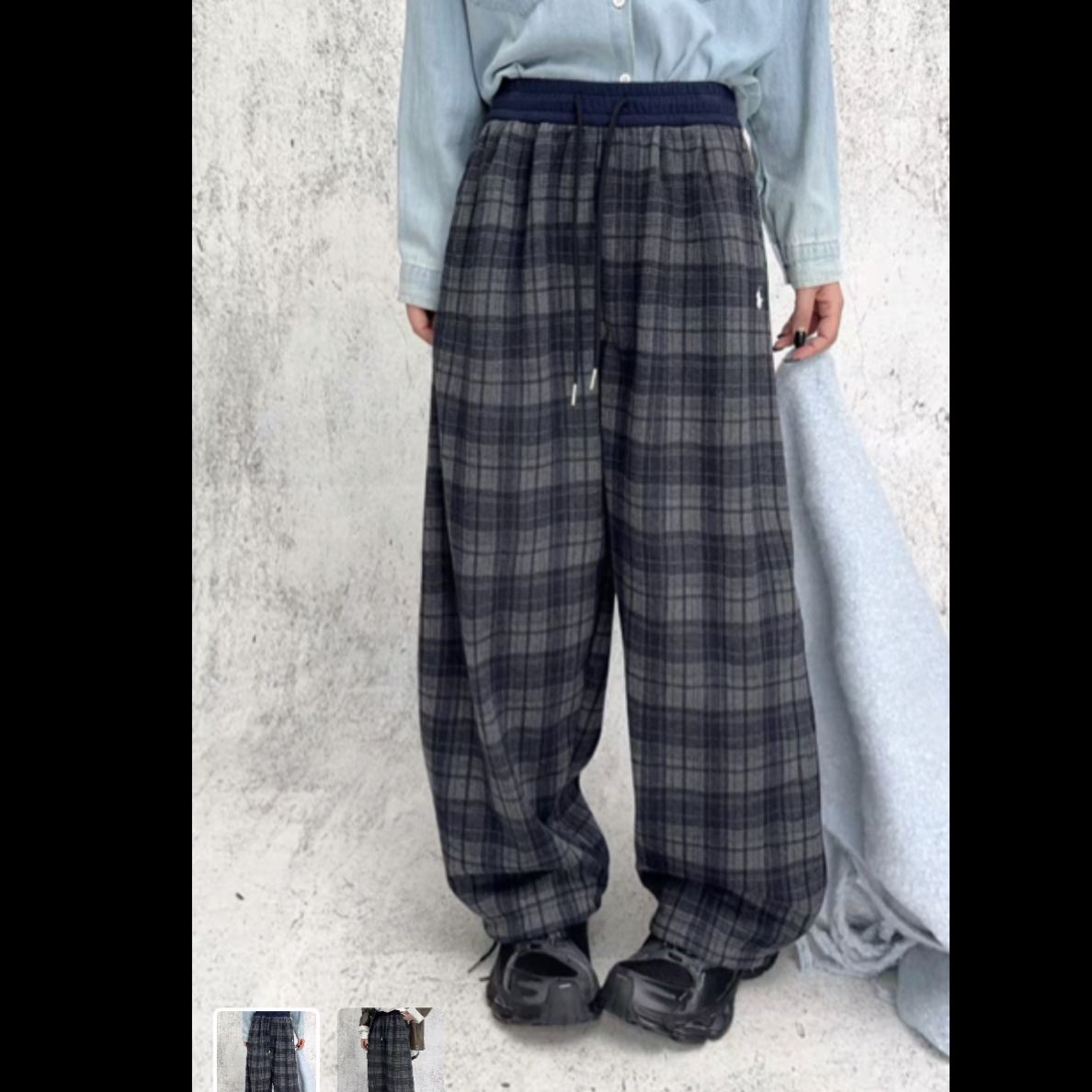 秋冬加绒加厚格子阔腿休闲裤女款宽松百搭