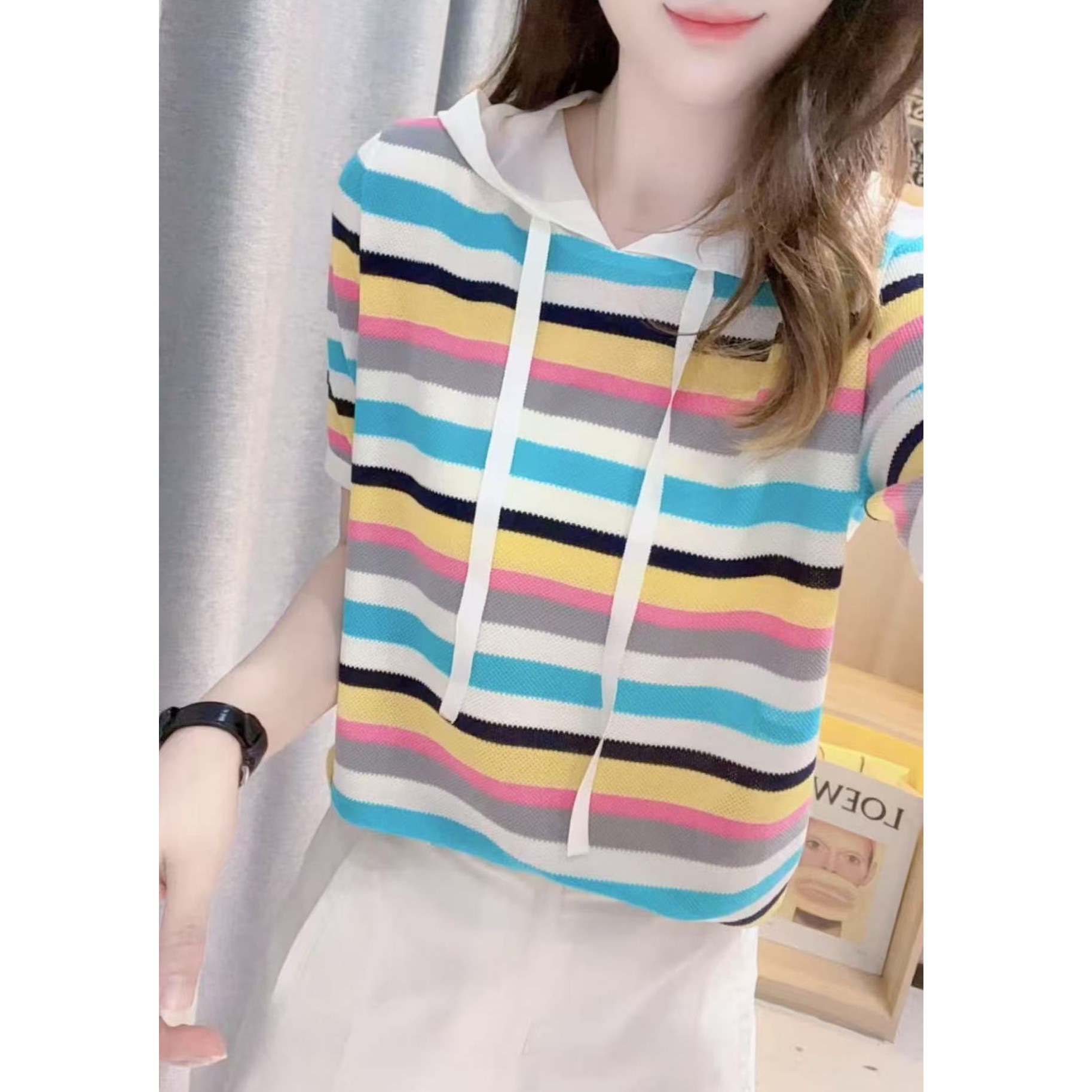 JL【彩虹条连帽短袖】2025夏季新款气质百搭桑蚕丝针织衫上衣