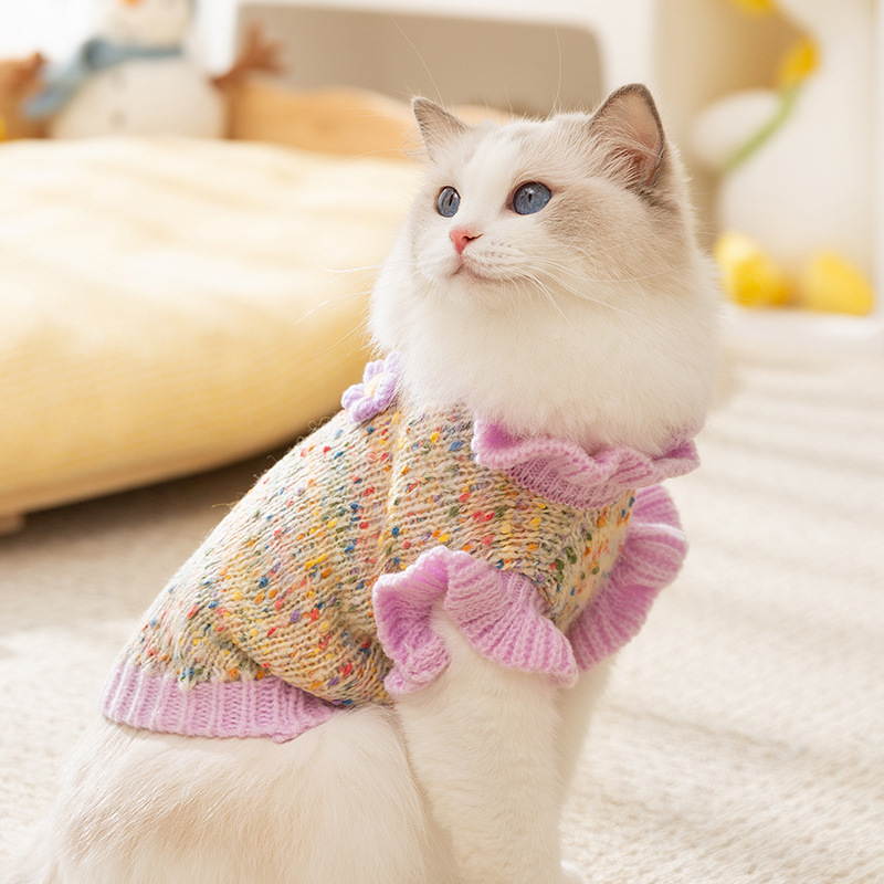 秋冬季猫咪点点彩纱小花情侣毛衣狗狗保暖针织衫花朵泰迪宠物衣服