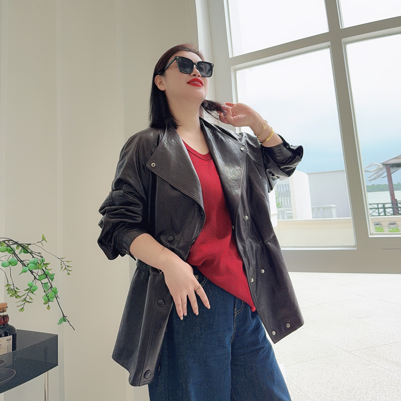 别格秀大码皮衣真皮绵羊皮外套女夹克时尚气质翻领宽松显瘦微胖